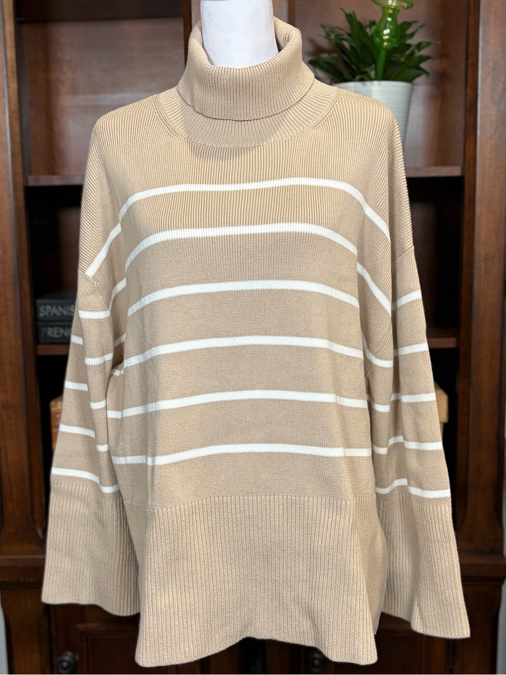 LAKE Madeline 100% Cotton Drop Sweater XL | Driftwood Ivory Stripe Oversized - Picture 3 of 12